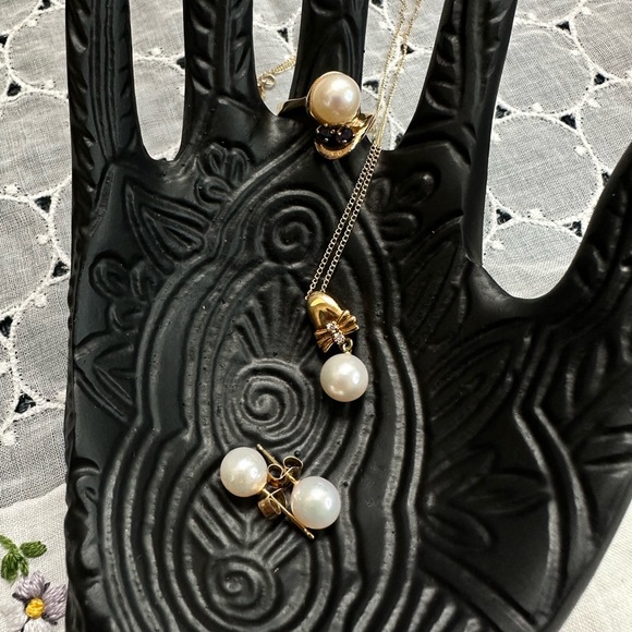 14 K gold chain with pearl pendant with Two diamonds, 14k earrings and r… - Picture 11 of 16